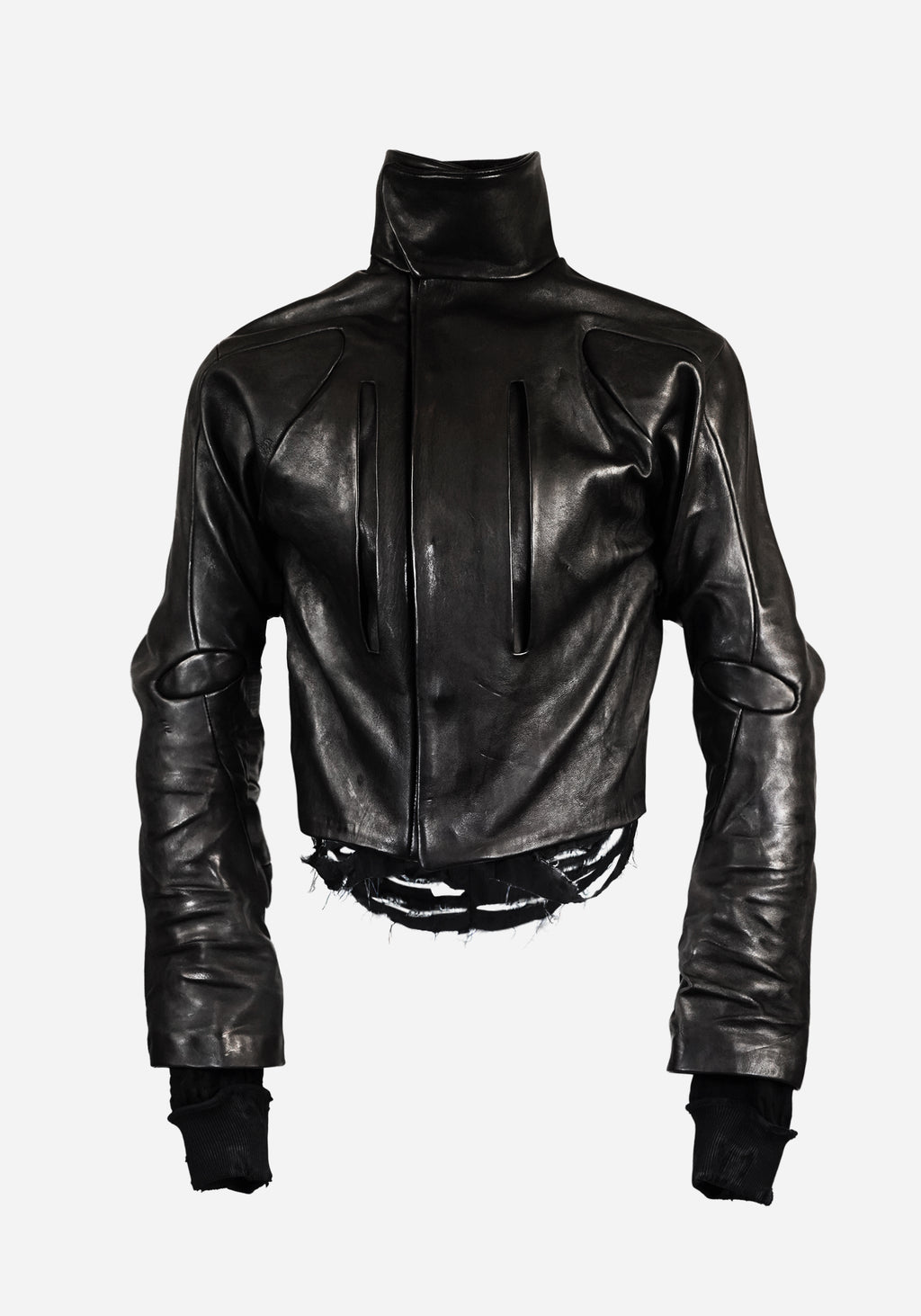 “MAGNUMO” SS LAYERED MORPHED BLADE PROSTHETICA DISTRESSED OPEN-WORK LEATHER JACKET