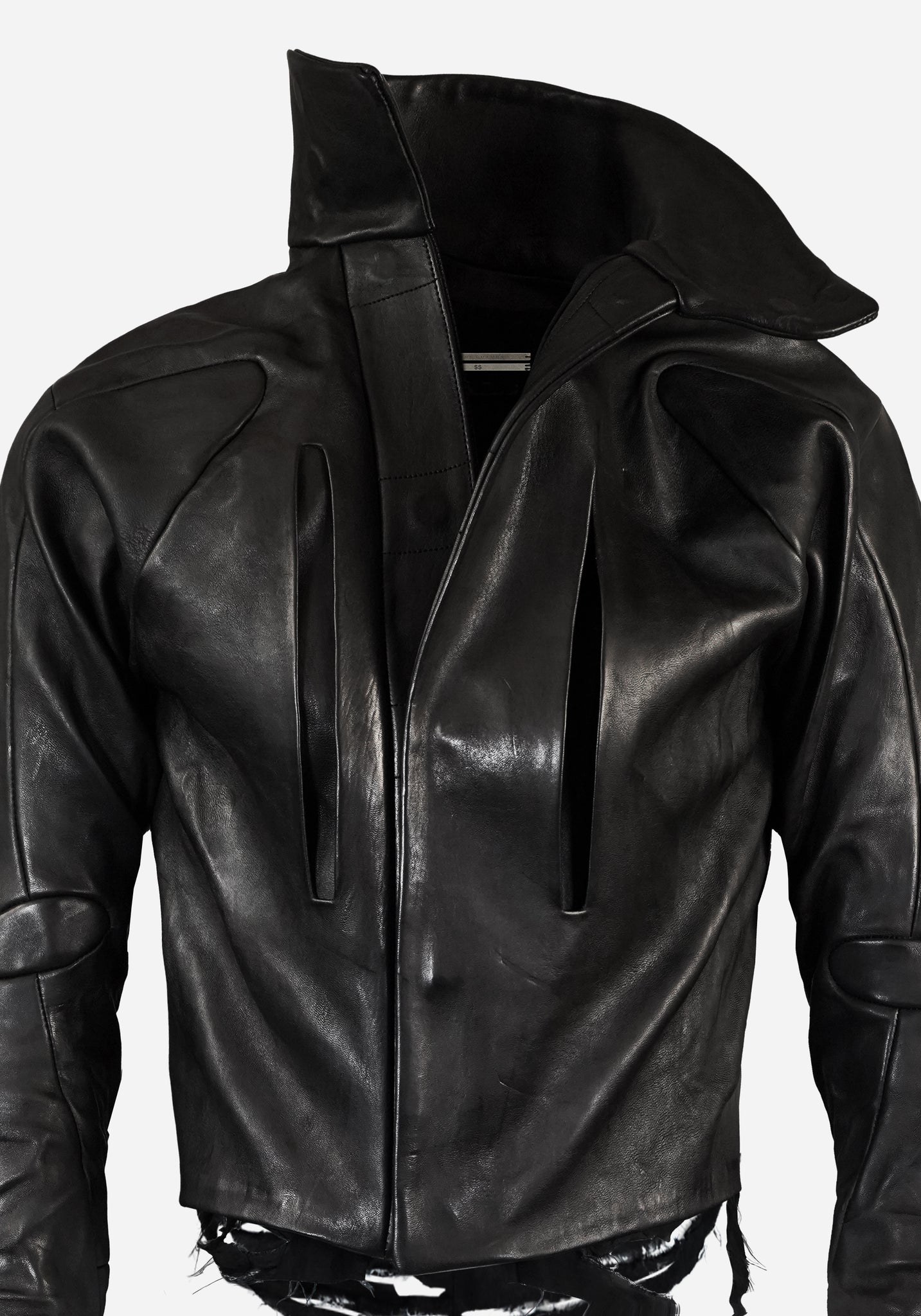 “MAGNUMO” SS LAYERED MORPHED BLADE PROSTHETICA DISTRESSED OPEN-WORK LEATHER JACKET