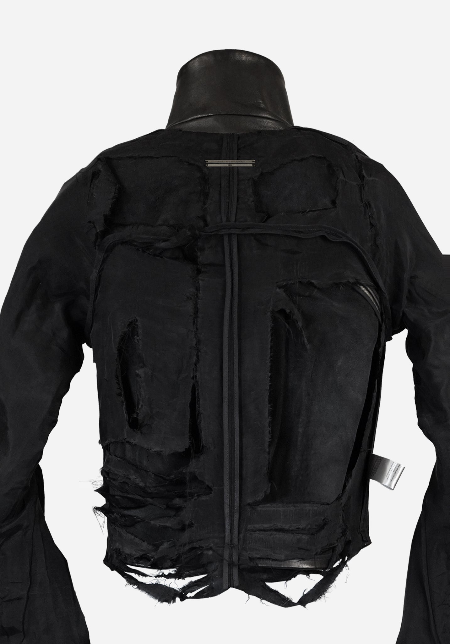 “MAGNUMO” SS LAYERED MORPHED BLADE PROSTHETICA DISTRESSED OPEN-WORK LEATHER JACKET