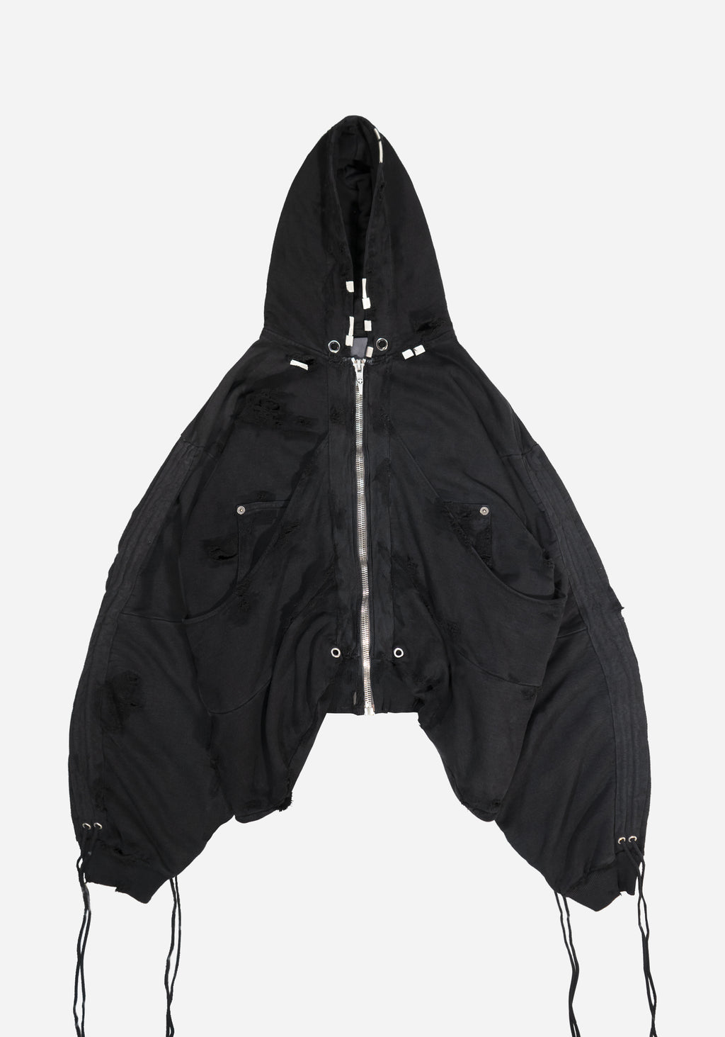 "GOLUCIDA" LAYERED JUMBO ZIPPER DISTRESSED CARGO HOODIE - THRASHED