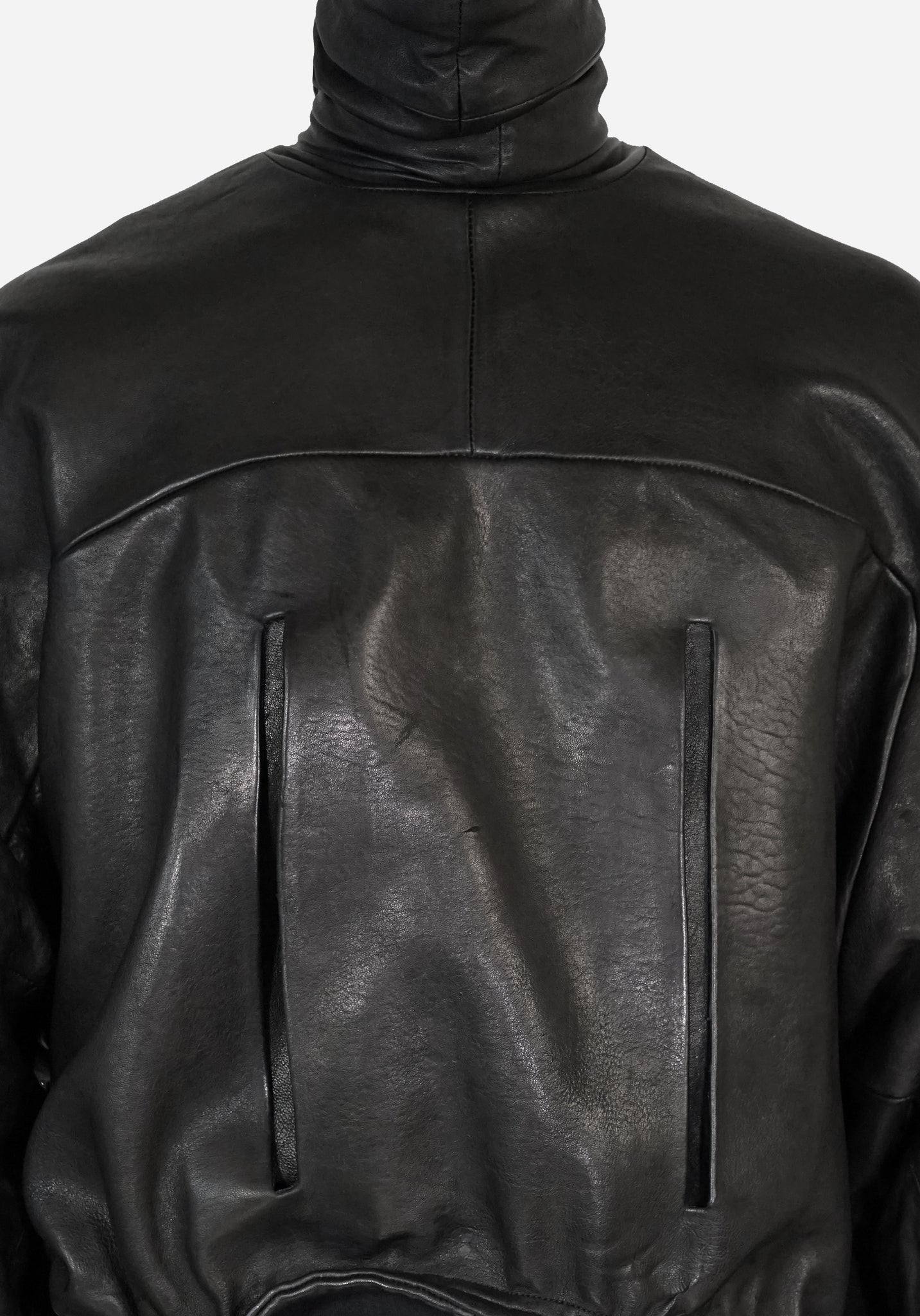 “PLUNGETHO” LAYERED MASKED BACKZIP LEATHER PULLOVER
