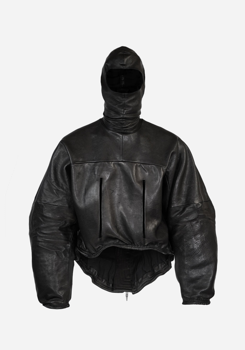 “PLUNGETHO” LAYERED MASKED BACKZIP LEATHER PULLOVER