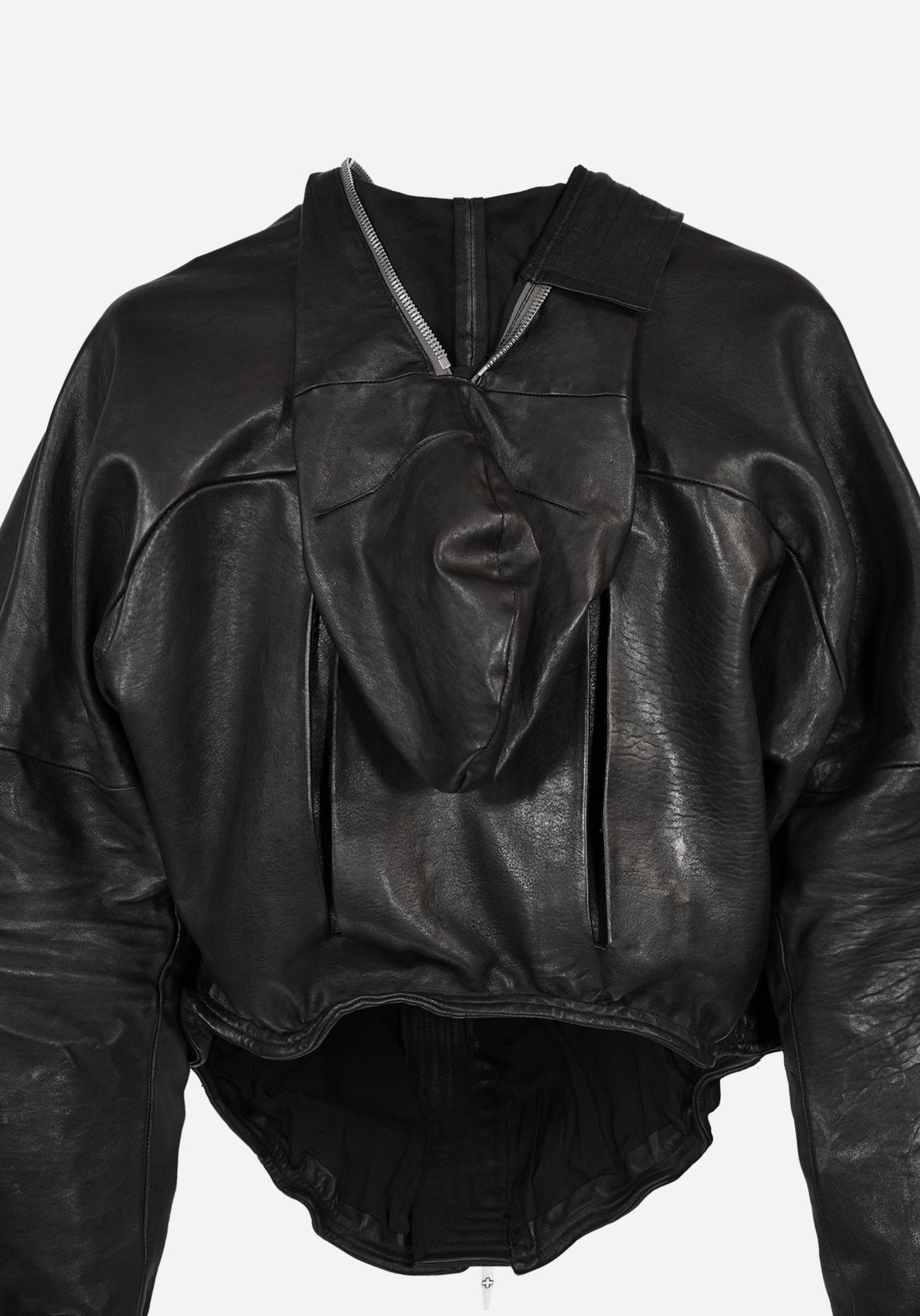“PLUNGETHO” LAYERED MASKED BACKZIP LEATHER PULLOVER