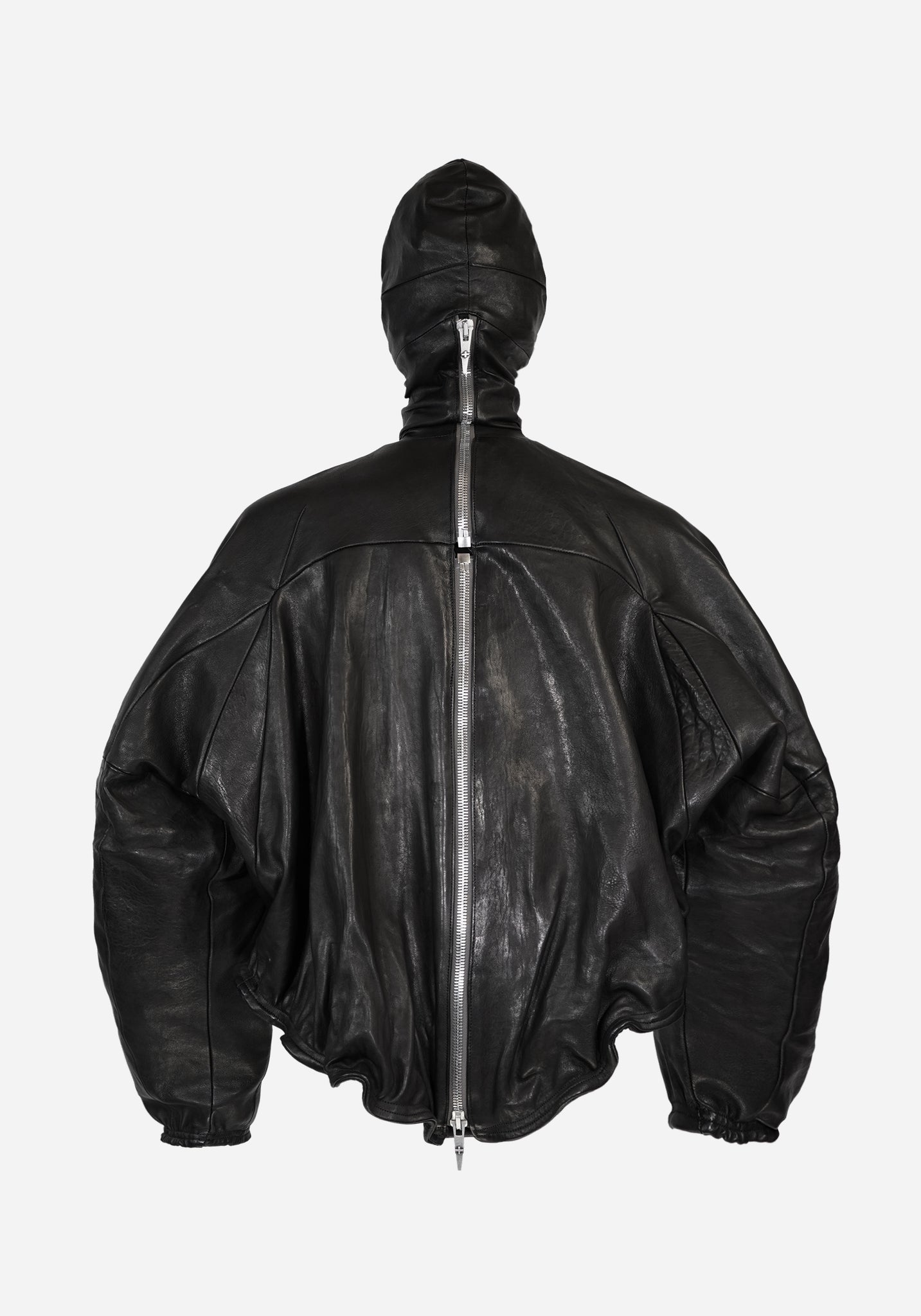“PLUNGETHO” LAYERED MASKED BACKZIP LEATHER PULLOVER