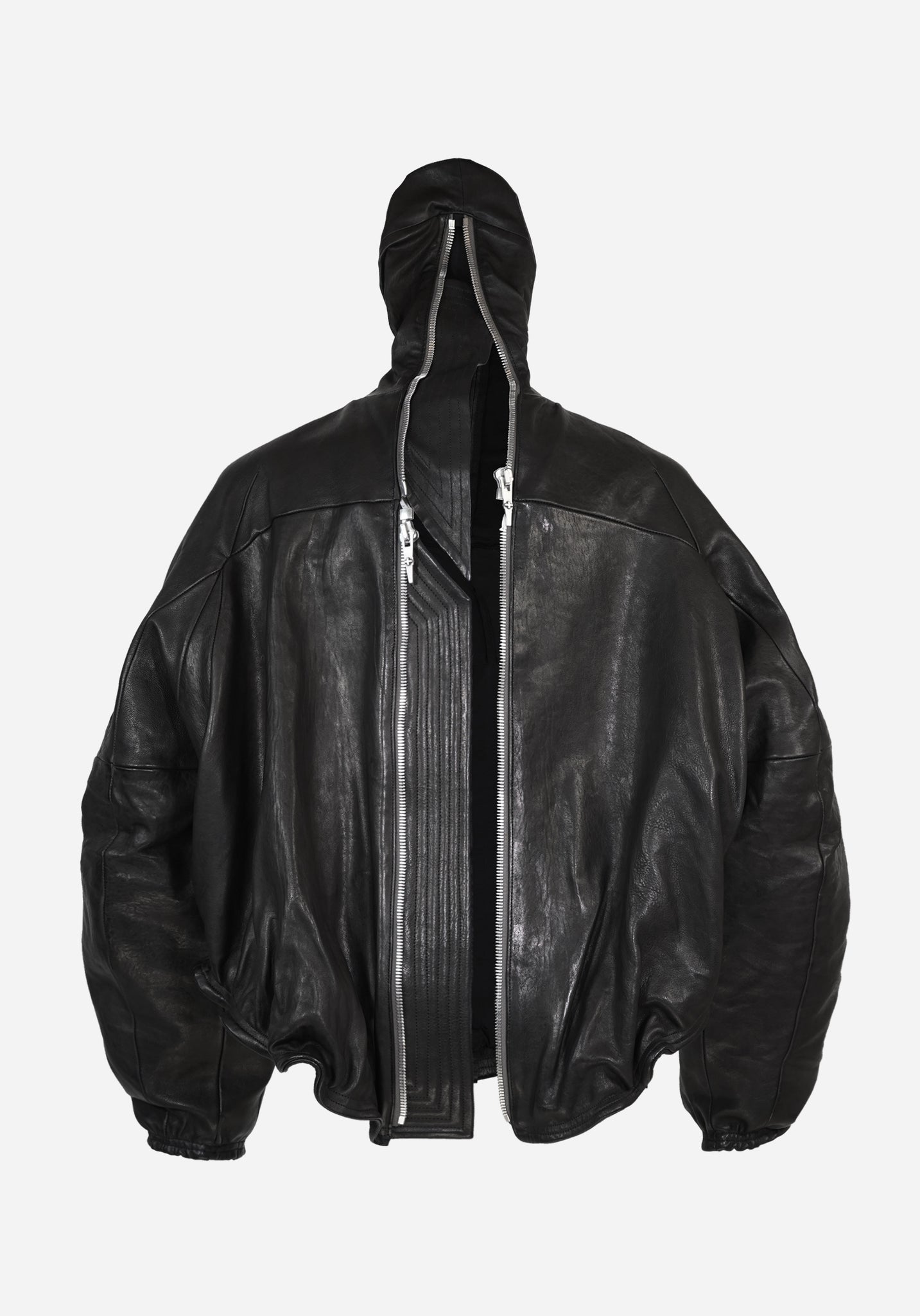 “PLUNGETHO” LAYERED MASKED BACKZIP LEATHER PULLOVER
