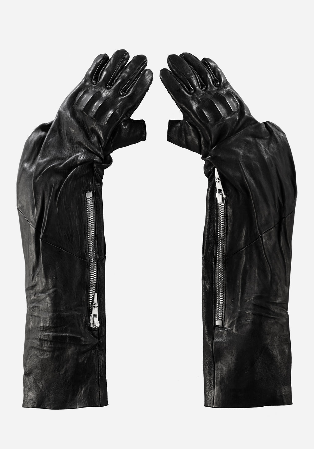 “EXAGOTO” MORPHED CHESTUS PROSTHETIC EXTENDED KNOT LEATHER ZIPPER CARGO GLOVES