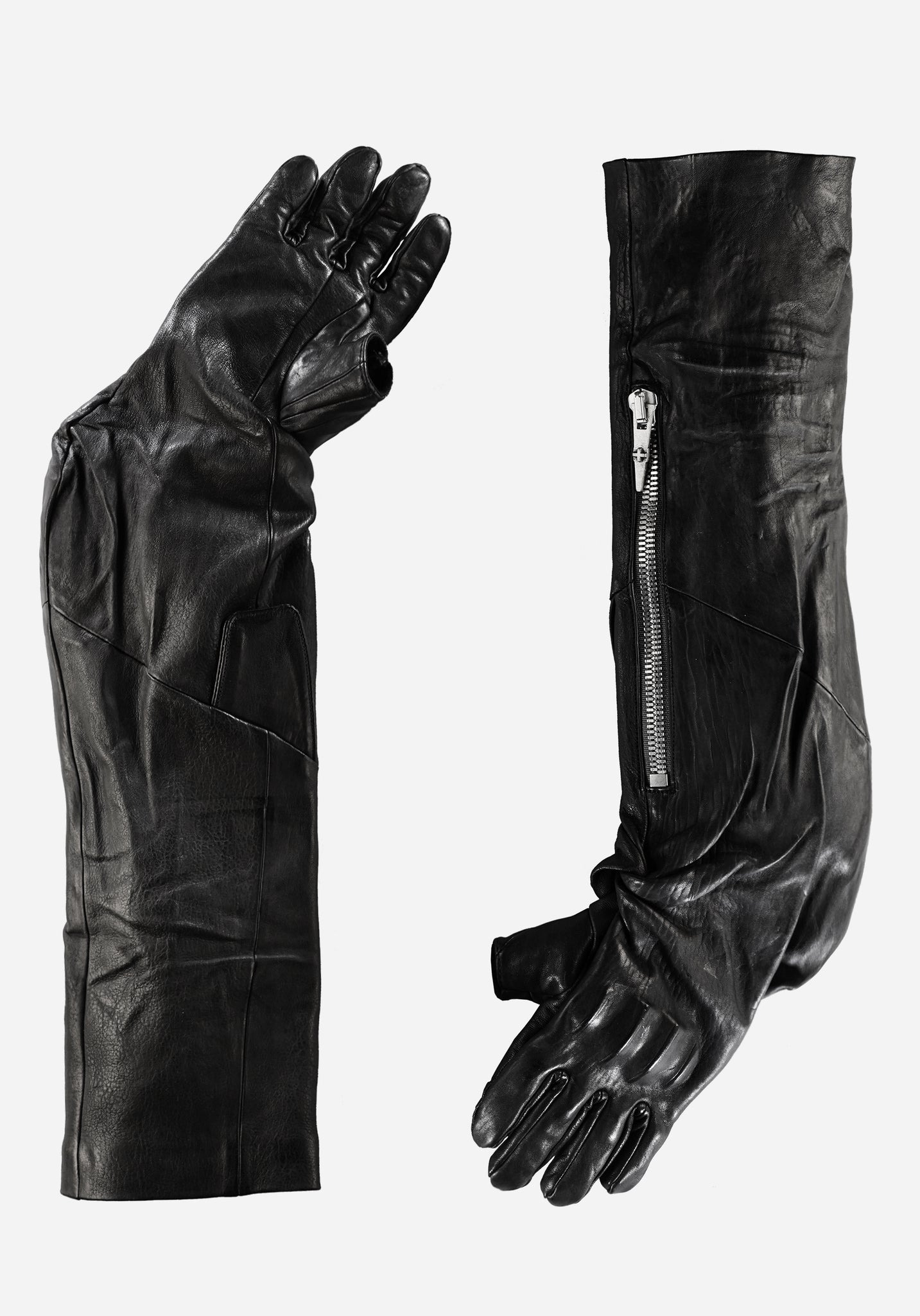 “EXAGOTO” MORPHED CHESTUS PROSTHETIC EXTENDED KNOT LEATHER ZIPPER CARGO GLOVES